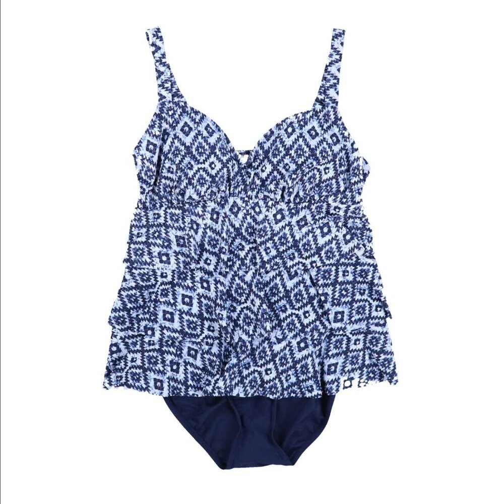 Swim Solutions TILE ISLAND NAVY Triple-Tier Fauxkini One-Piece Swimsuit